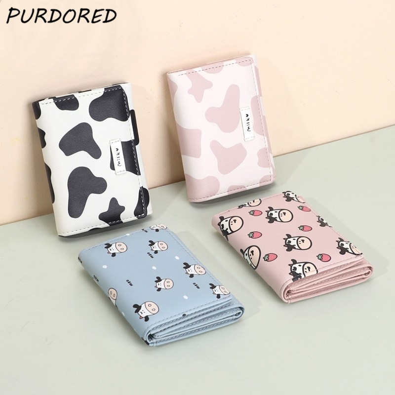 PURDORED 1 Pc Cartoon Little Cow Pattern Mini Wallet  Women Business Credit Card Holder Cute Short Card Wallet Case Tarjetero