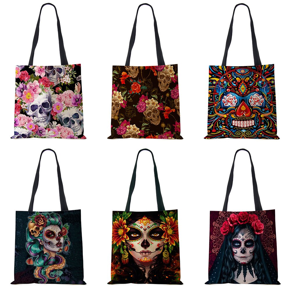 Day of the Dead Floral Skull Print Tote Bag Handbags for Women Halloween Sugar Skull Girl Shoulder Bags Large Capacity