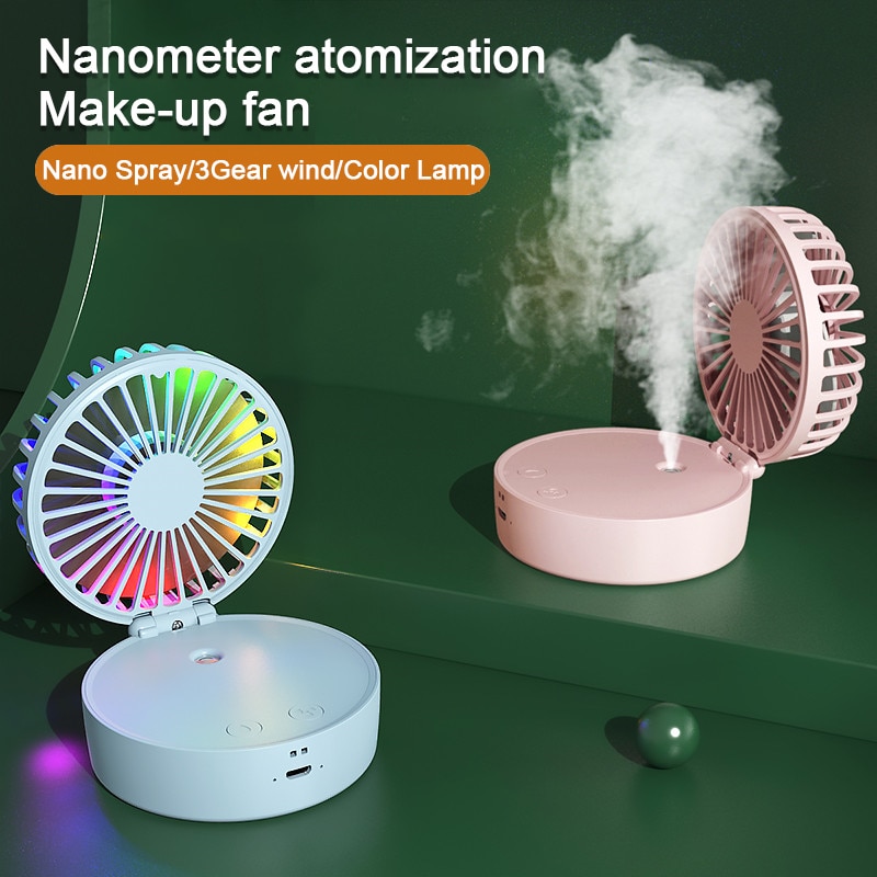Portable Hand-Held Fan  Desktop Multifunctional Folding Humidifying fan with colored light 1200mAh For outdoor office and home