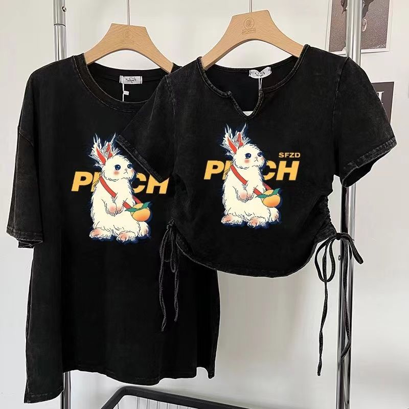 Goth Graphic Print Graphic T Shirts Clothing Harajuku Vintage Street Shirts for Women Washed and Aged Y2k Top T Shirt Women