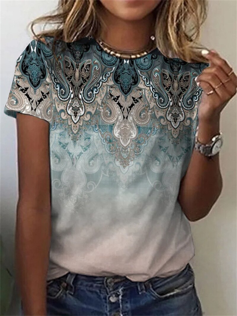 Vintage Daily Casual Basic T-Shirt Female Summer Loose Flower Print Ethnic Style Short Sleeve Tees Women's O Neck Pullover Tops