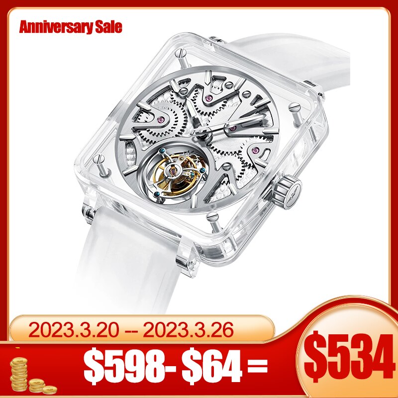 GIV Manual Tourbillon Transparent Crystal Case Hand-winding  Movement Wristwatch Watch Men Sapphire Mirror Waterproof 48 Hour
