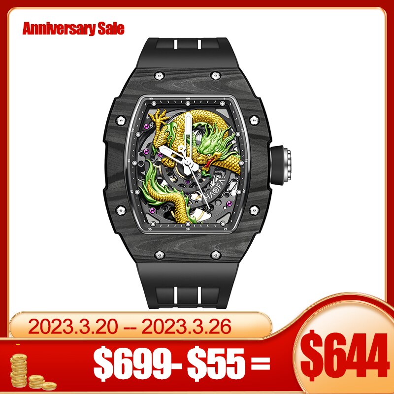 Haofa Automatic 3D Dragon Watch Men Sapphire NTPT Mechanical Watches for Men Luxury Carbon Fiber Luminous Clock orologio uomo