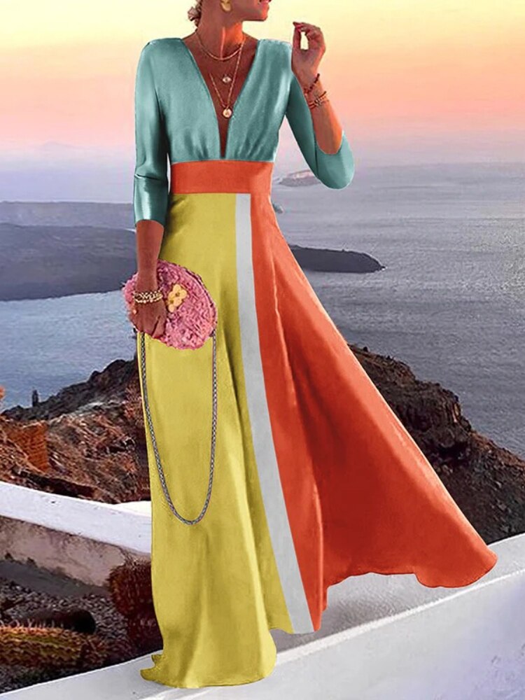 Summer Dress Women 2023 Elegant Fashion Print Long Dresses Bohemian Woman Clothing V-Neck Contrast Color Oversize Vintage Robe