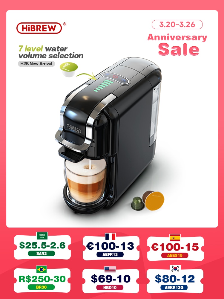 HiBREW Multiple Capsule Coffee Machine, Hot/Cold Dolce Gusto Milk Nespresso Capsule ESE Pod Ground Coffee Cafeteria 19Bar 5 in 1