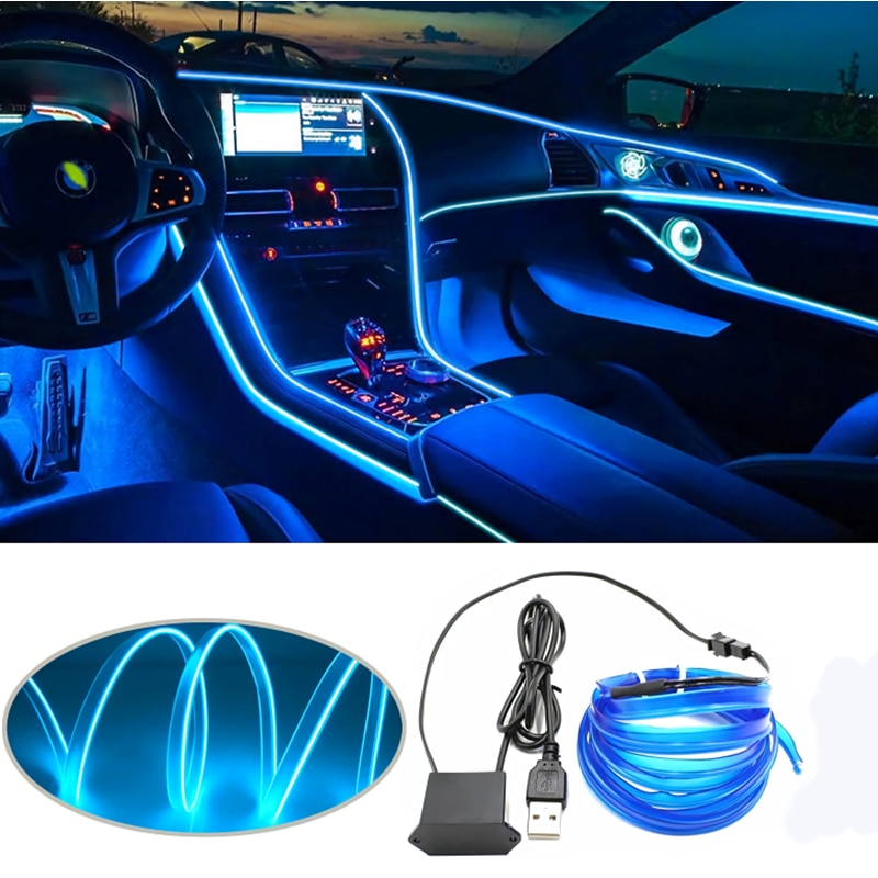 Car Atmosphere Lights EL Neon Wire Strip Light Auto Interior Decorative Ambient Neon Lamp EL Wire Rope Tube Waterproof LED Strip