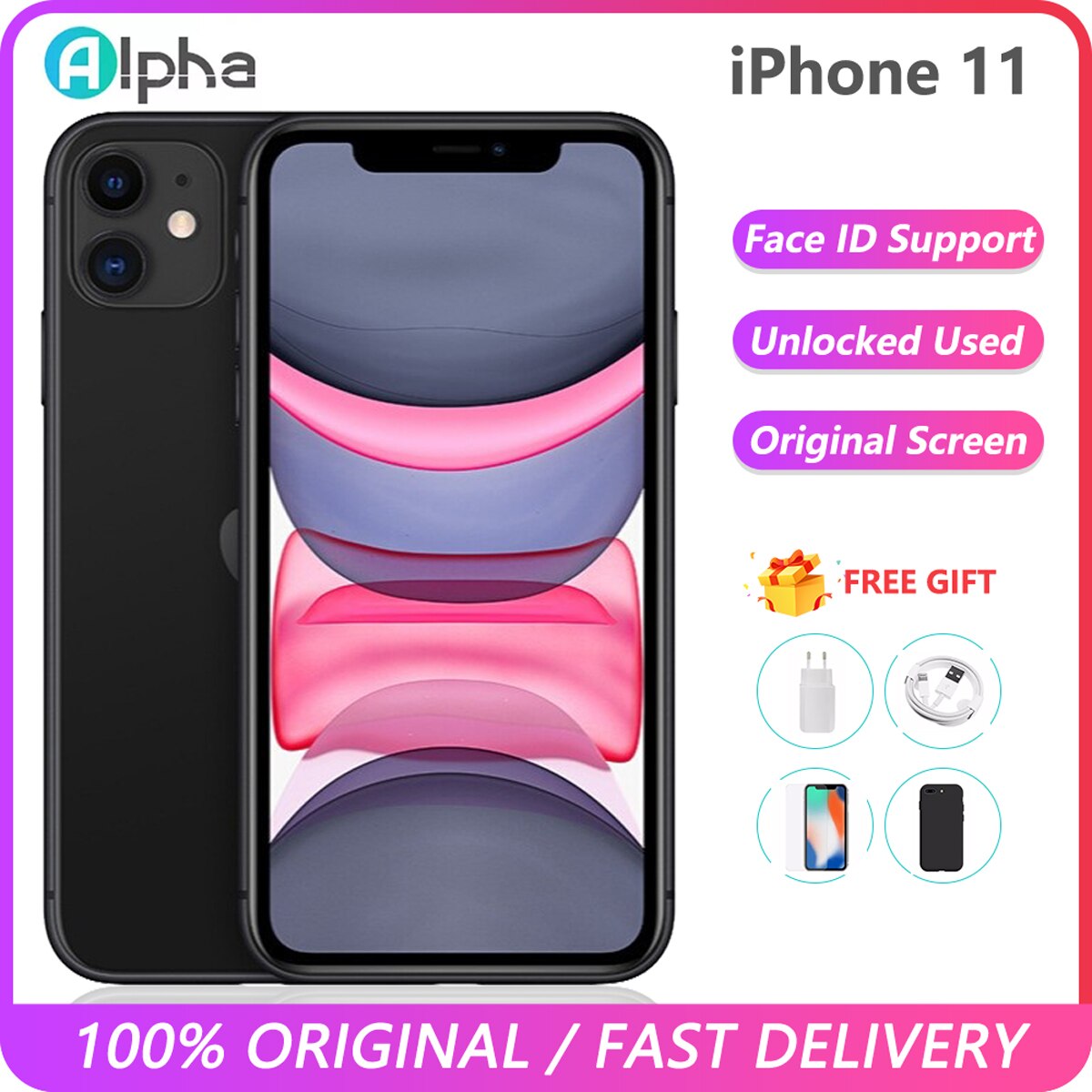 Original Apple iPhone 11 Used Phone Unlocked With Face ID iPhone11 6.1inch 4+64/128GB 4G LTE GPS&NFC 12+12MP A13