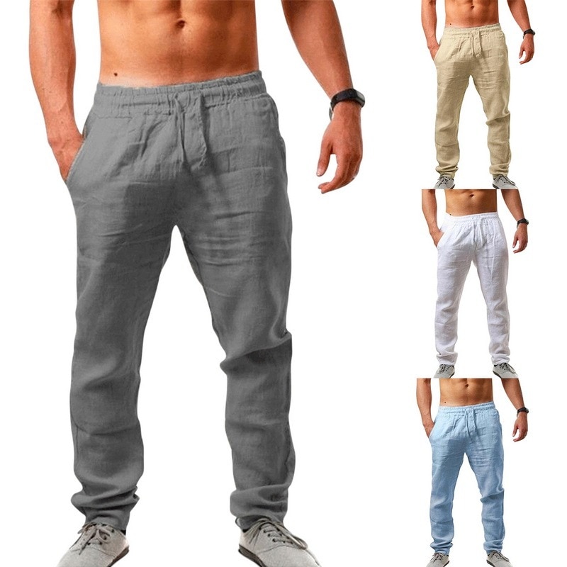 Men's Cotton Linen Pants Solid Color Male Breathable Trousers Waist Loose Long Pants Men Casual Joggers Fitness Streetwear S-3XL